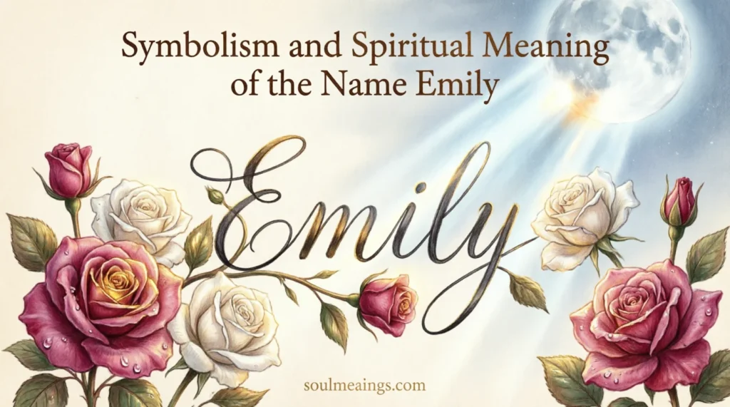 Artistic representation of the name Emily with floral and spiritual imagery.