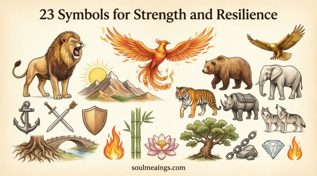 Collection of symbols associated with strength and resilience from different cultures.