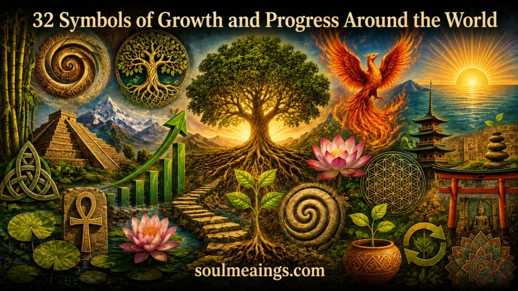 Collection of global symbols representing growth and progress