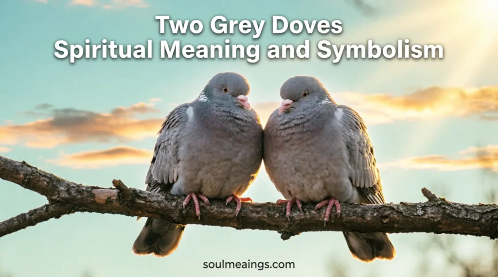 Two grey doves perched together on a branch during sunrise.