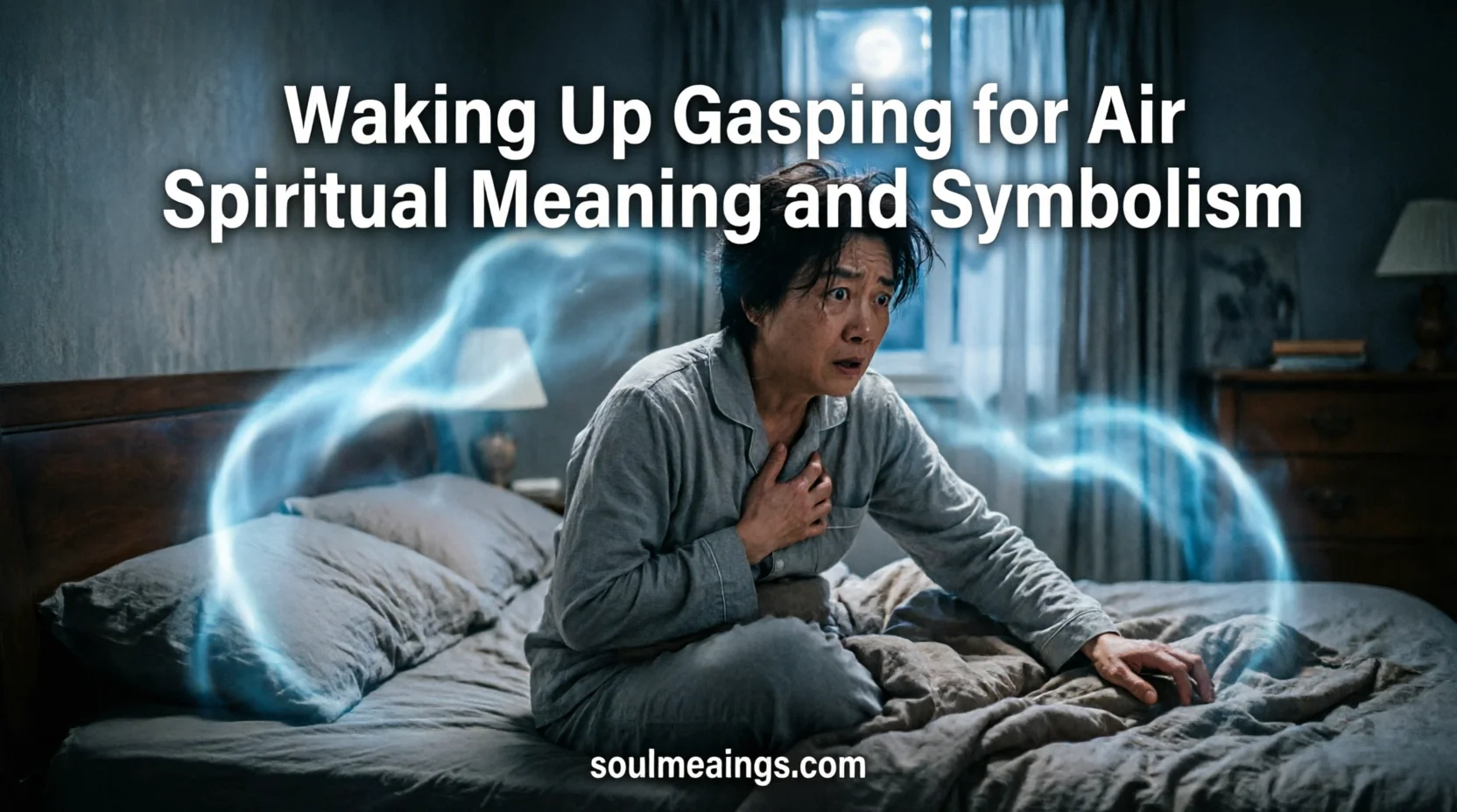 Person waking up suddenly at night, gasping for air in a dark bedroom.