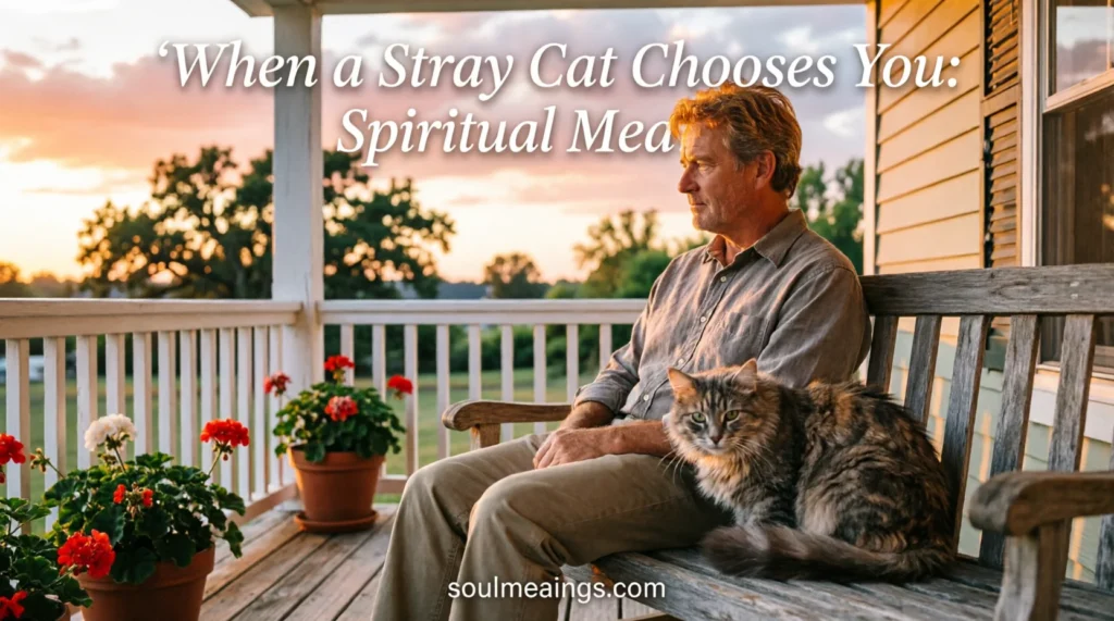 A stray cat sitting near a person outside at sunset.