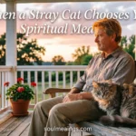 A stray cat sitting near a person outside at sunset.
