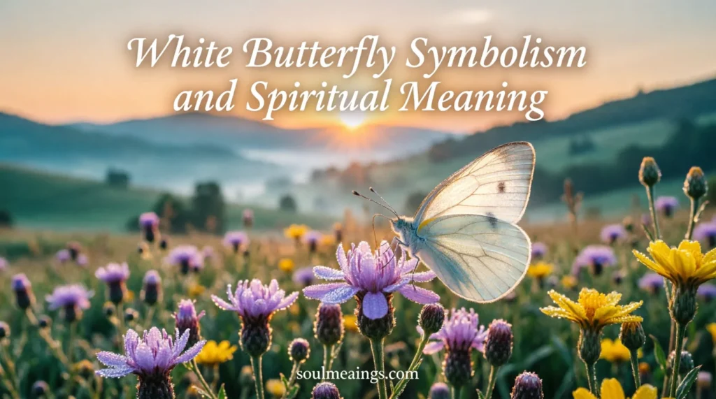 A white butterfly sitting on flowers during sunrise.