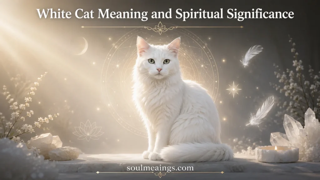 White cat sitting peacefully in soft glowing light