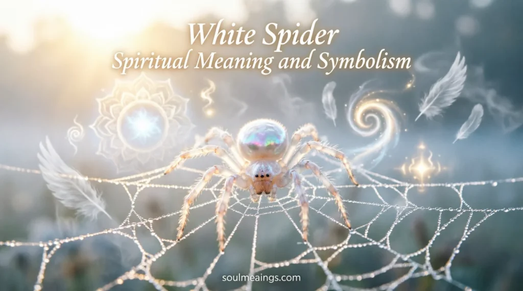 A white spider sitting on a silver web outdoors at sunrise.