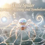A white spider sitting on a silver web outdoors at sunrise.