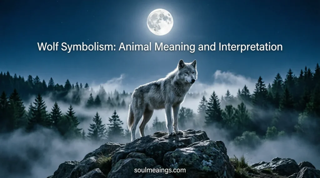 A wolf howling at the moon in a forested landscape