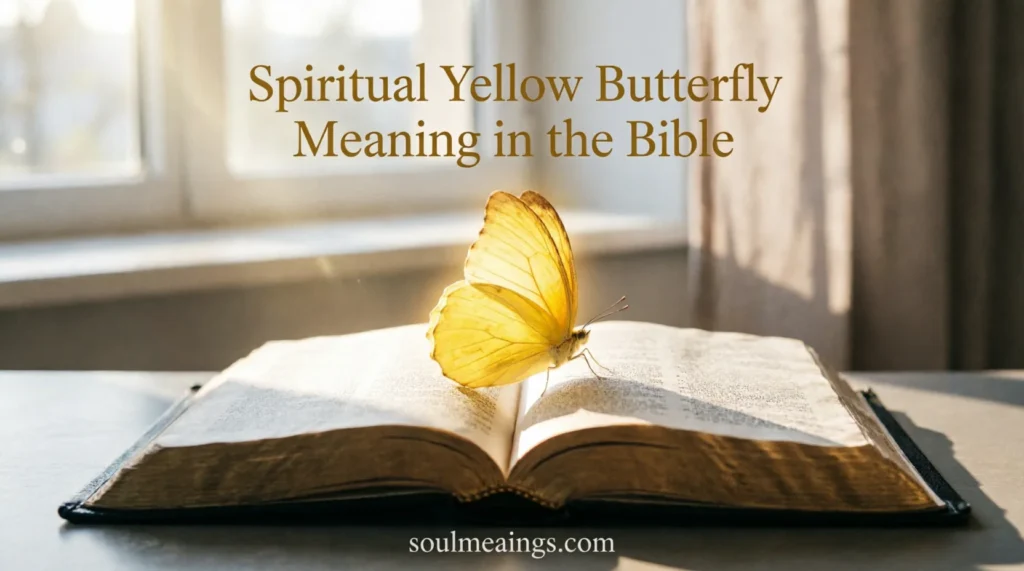 Yellow butterfly on an open Bible with warm light