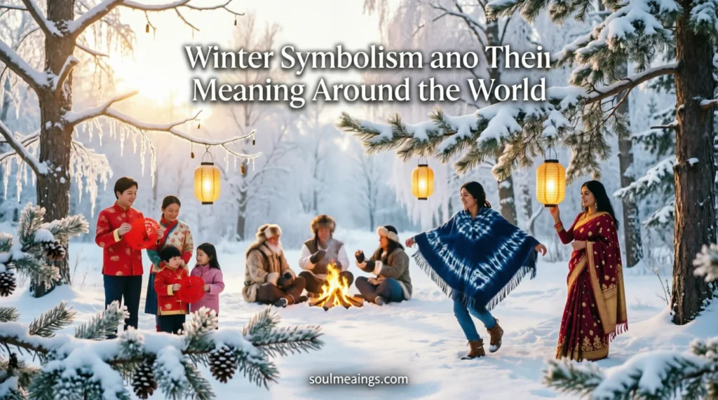 Snowy winter scene with evergreen trees, lanterns, and cultural winter traditions.
