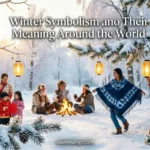 Snowy winter scene with evergreen trees, lanterns, and cultural winter traditions.