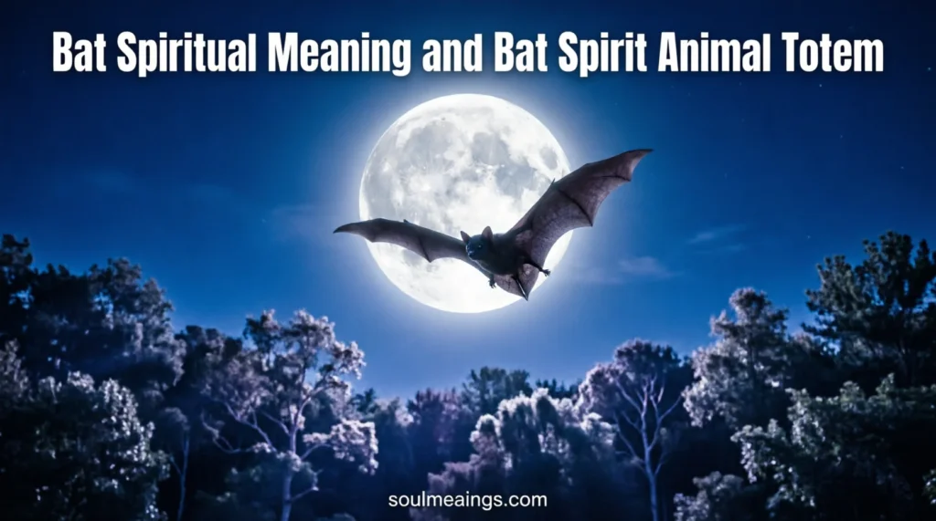 A dark bat flying under a bright moon in a nighttime forest.