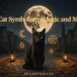 Black cat sitting under a full moon with glowing eyes.