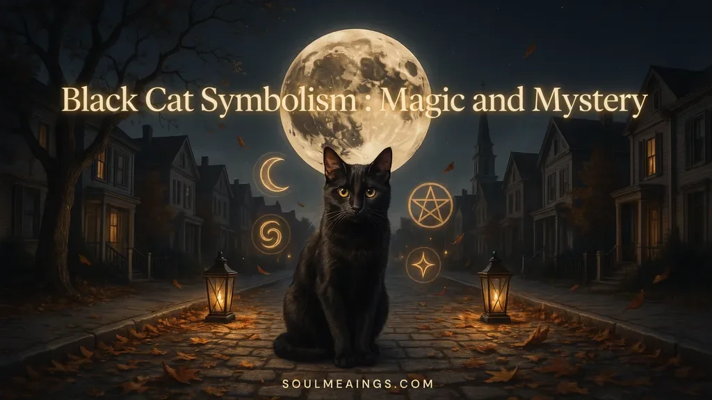 Black cat sitting under a full moon with glowing eyes.