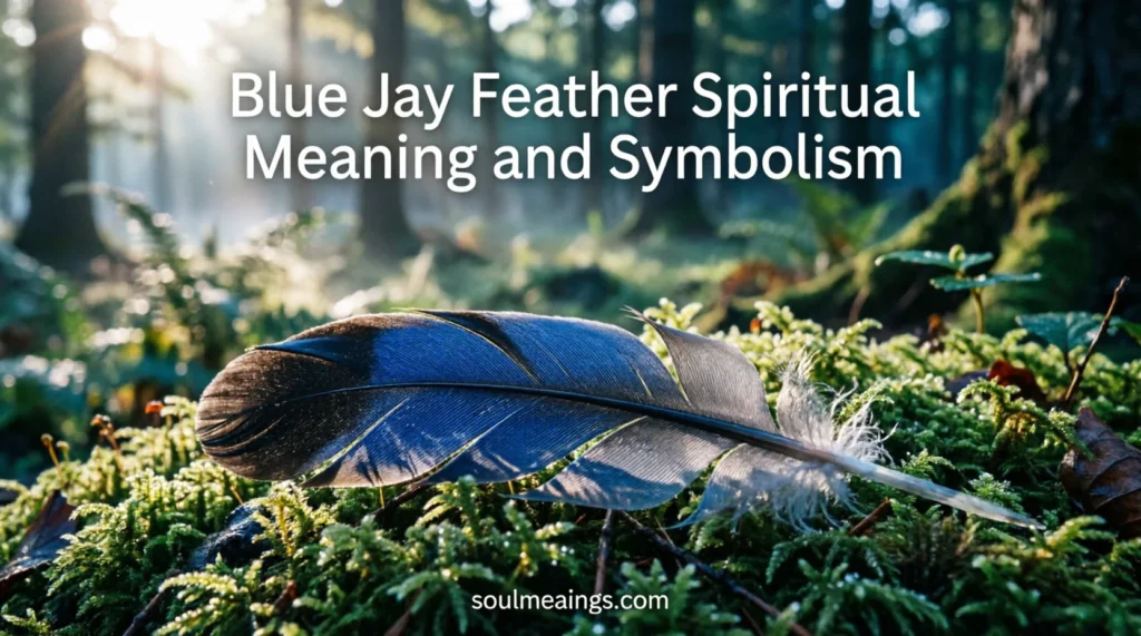 A bright blue jay feather lying on green moss outdoors.