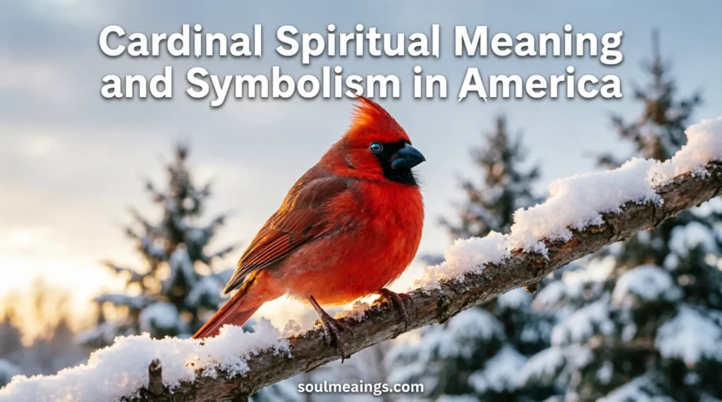Red cardinal sitting on a winter tree branch.