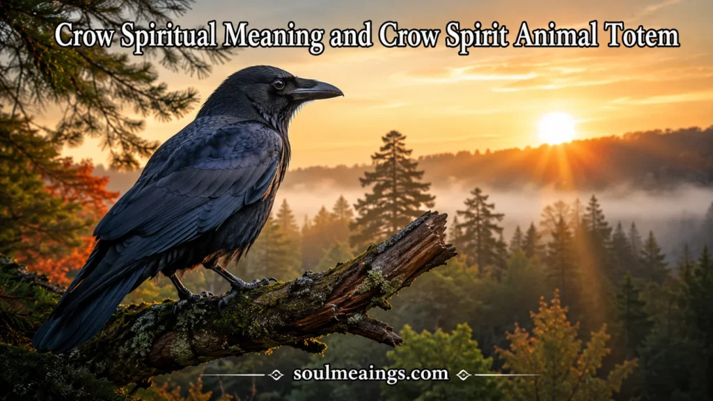 Black crow sitting on a branch during sunrise in a misty forest.