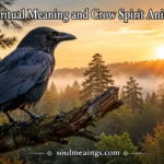 Black crow sitting on a branch during sunrise in a misty forest.