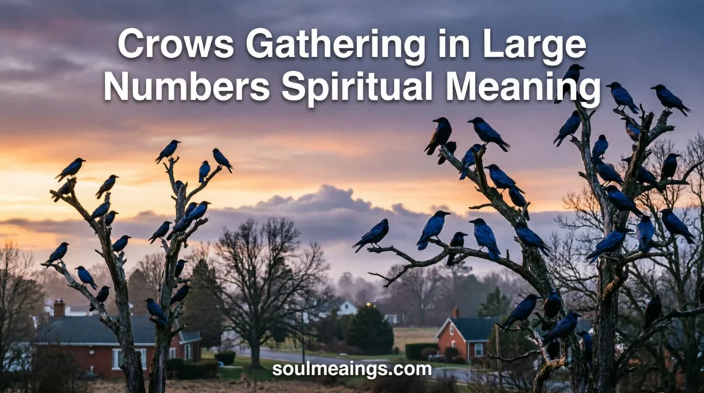 A large group of crows sitting together on tree branches at sunset.