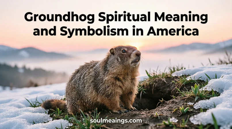 Groundhog emerging from its burrow during early spring sunrise.