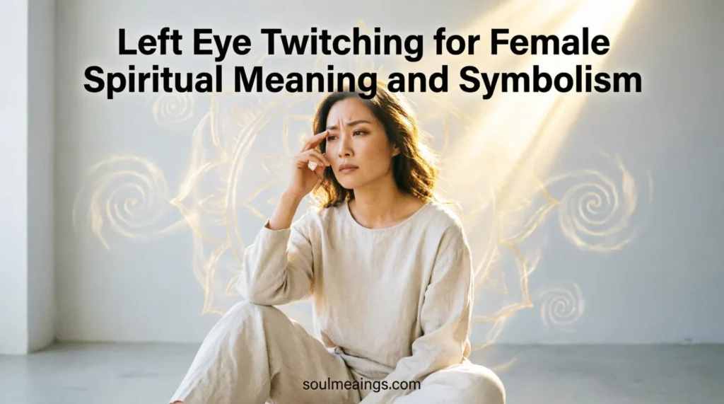 Woman experiencing left eye twitching with spiritual symbolism in the background.