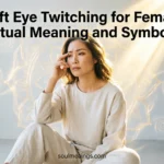 Woman experiencing left eye twitching with spiritual symbolism in the background.