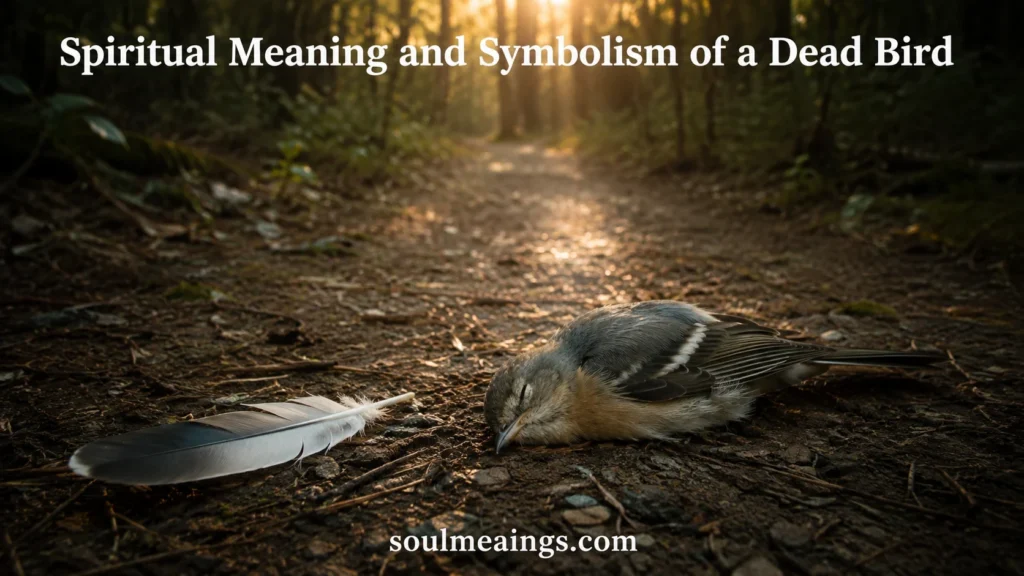 A small dead bird resting on a forest path with soft sunlight.