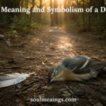 A small dead bird resting on a forest path with soft sunlight.