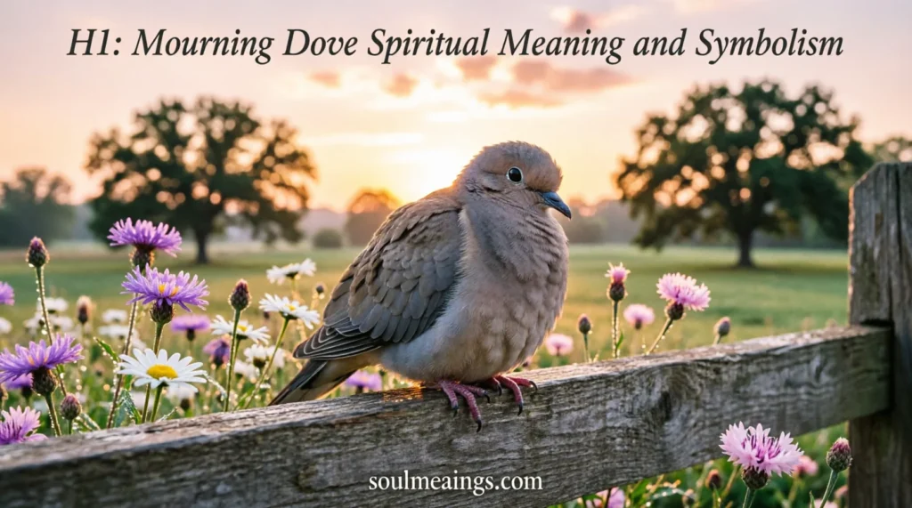 A mourning dove sitting quietly on a fence during sunrise.