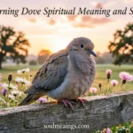 A mourning dove sitting quietly on a fence during sunrise.