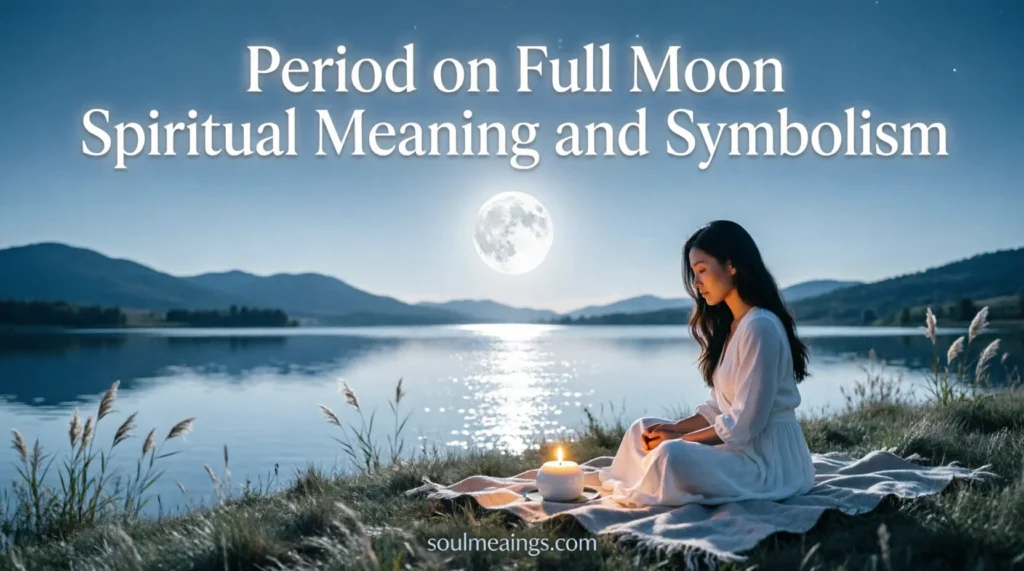Woman under a glowing full moon representing menstrual and spiritual symbolism.
