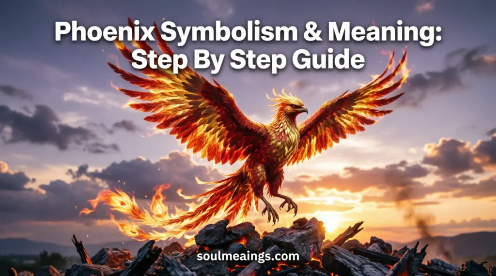 A fiery phoenix bird rising from glowing ashes with spread wings.