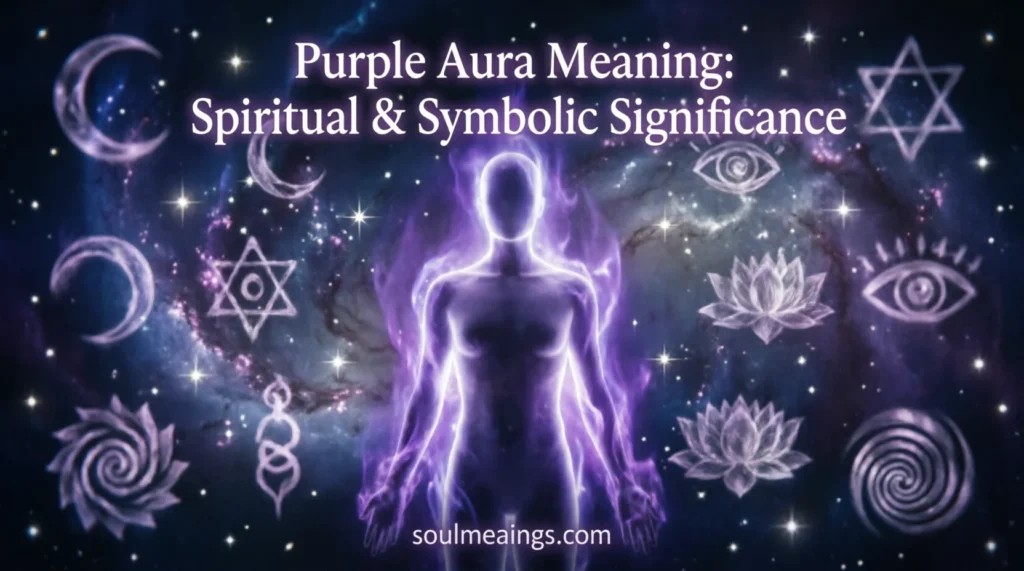 Person surrounded by a glowing purple aura in a spiritual setting.