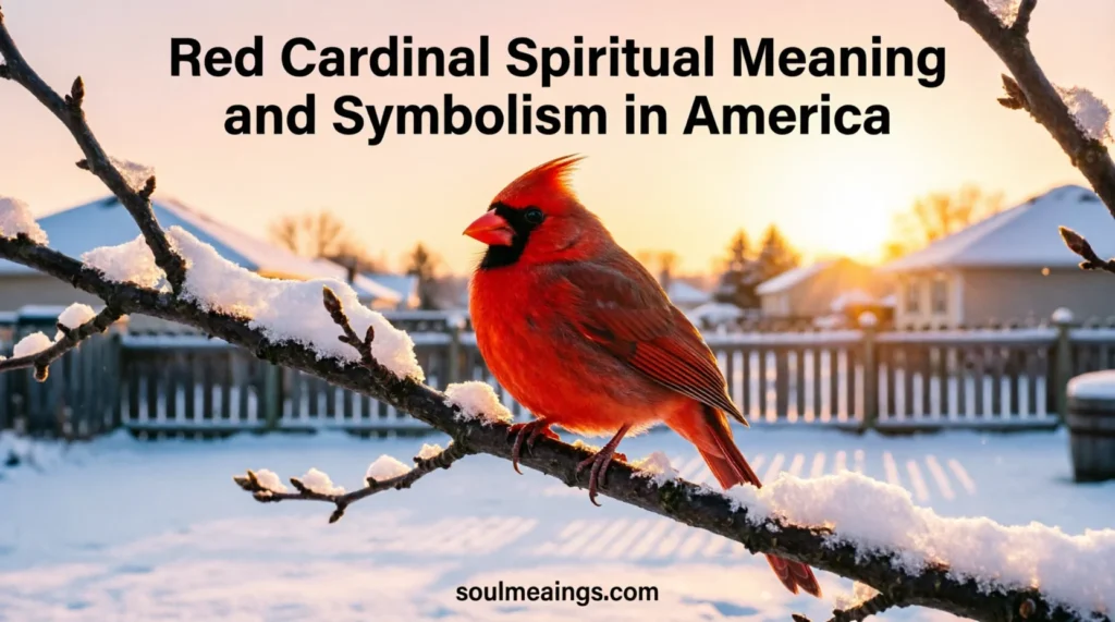 A red cardinal sitting on a winter tree branch at sunrise.
