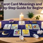 Tarot cards spread across a wooden table with candles and mystical symbols.