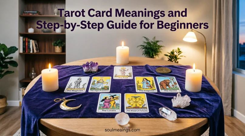Tarot cards spread across a wooden table with candles and mystical symbols.