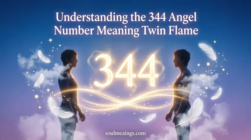 Angel number 344 glowing between two spiritual partners under a night sky.