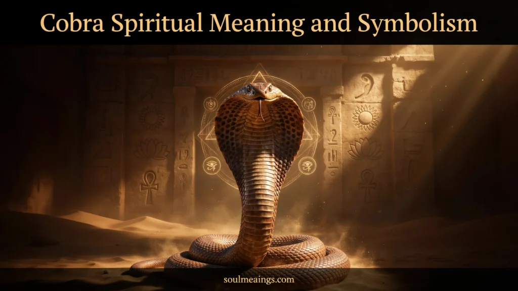 A hooded cobra coiled upright with glowing golden light behind it.
