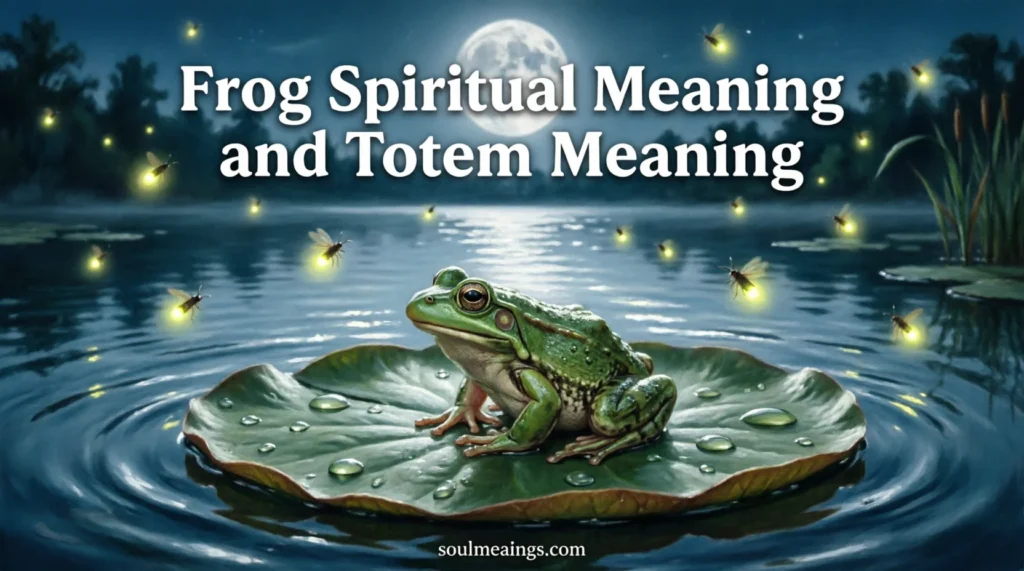Green frog sitting on a lily pad in a moonlit pond.