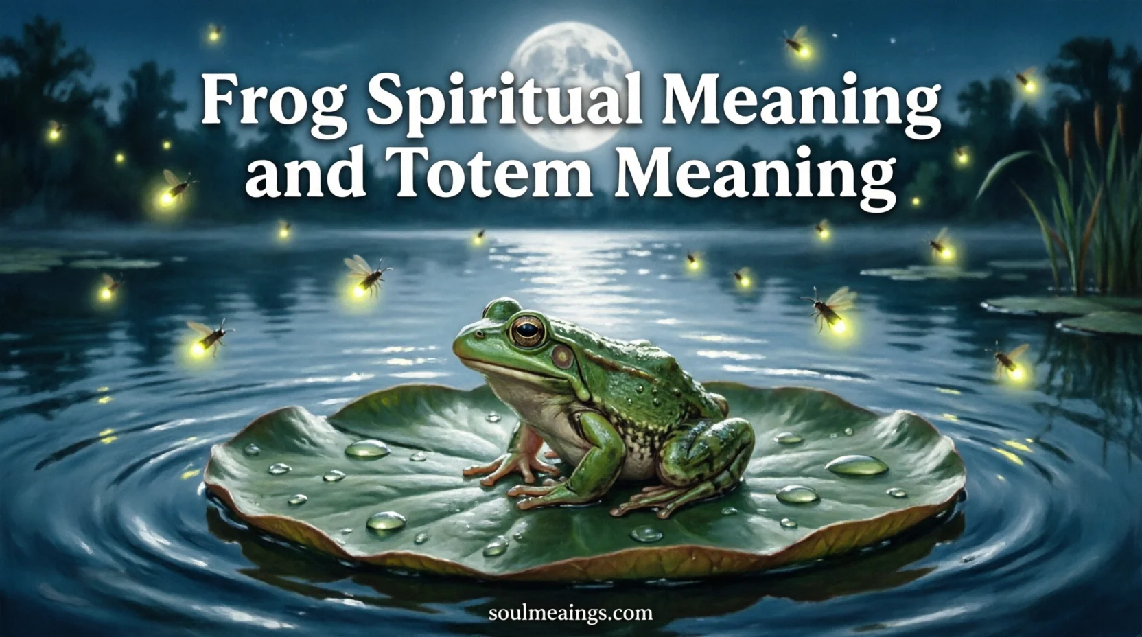 Green frog sitting on a lily pad in a moonlit pond.