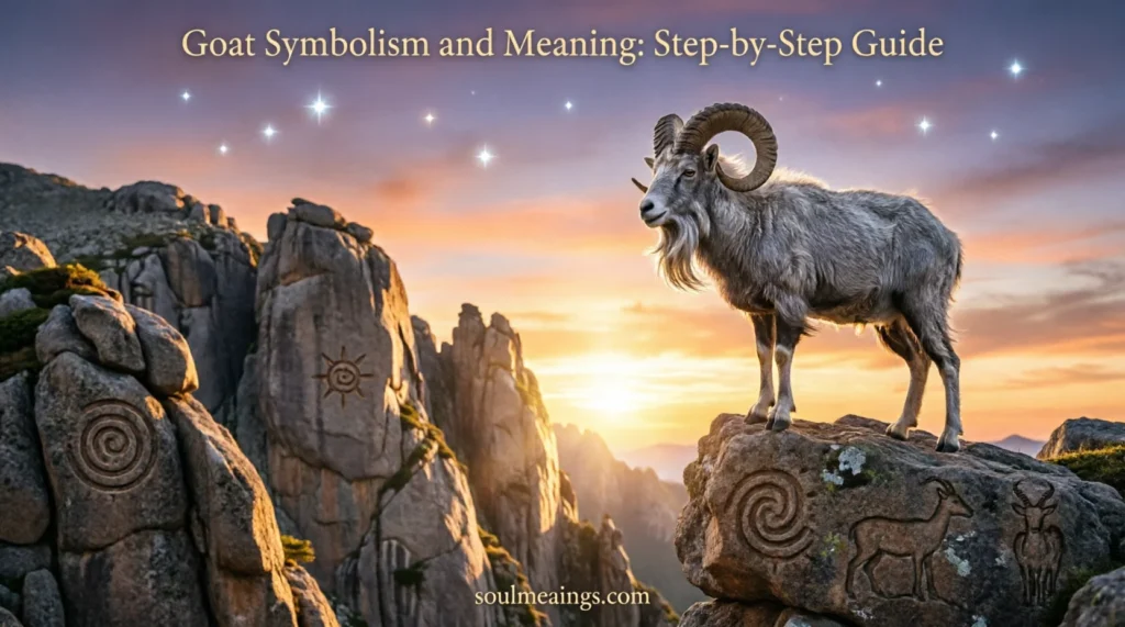 A mountain goat standing confidently on a rocky cliff at sunrise.