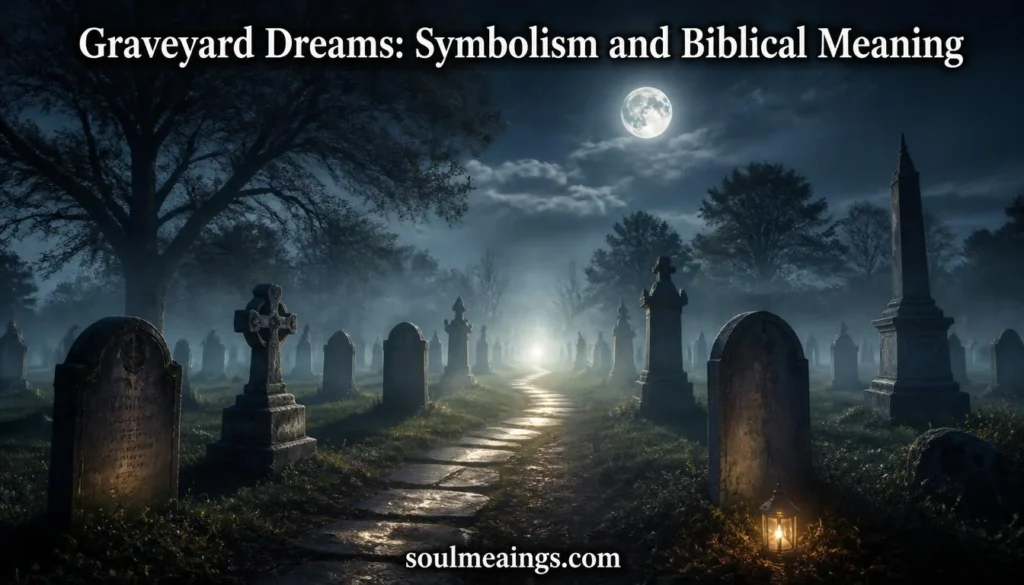 Moonlit graveyard with fog and old gravestones in a peaceful setting.