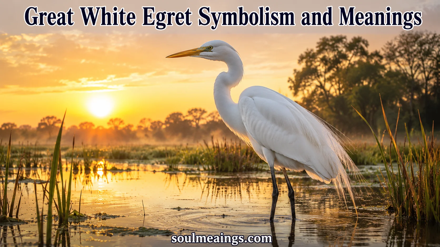 A great white egret standing calmly in wetland water during sunrise.