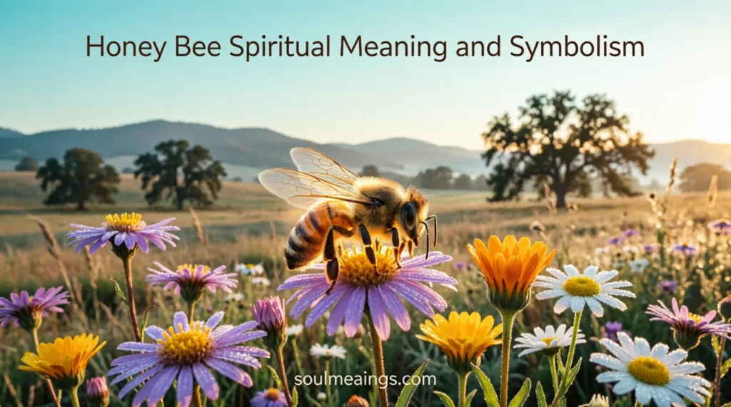 A golden honey bee on a flower during sunrise.