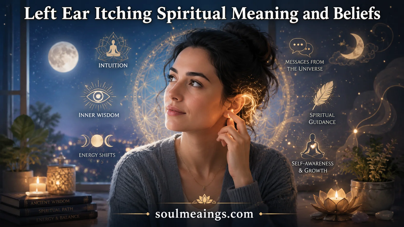 Person touching their left ear while reflecting on spiritual meaning.