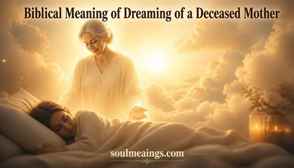 Dreamlike image of a deceased mother appearing in peaceful golden light.