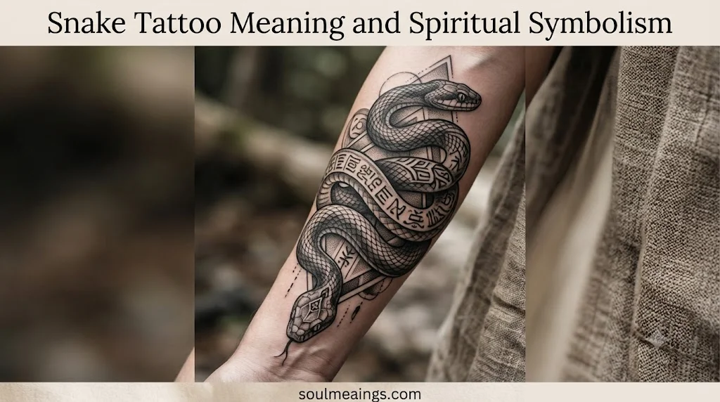 A realistic snake tattoo coiled around an arm with detailed scales and shadowing.