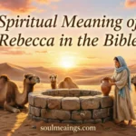 Rebecca from the Bible standing beside a well with camels in the background.