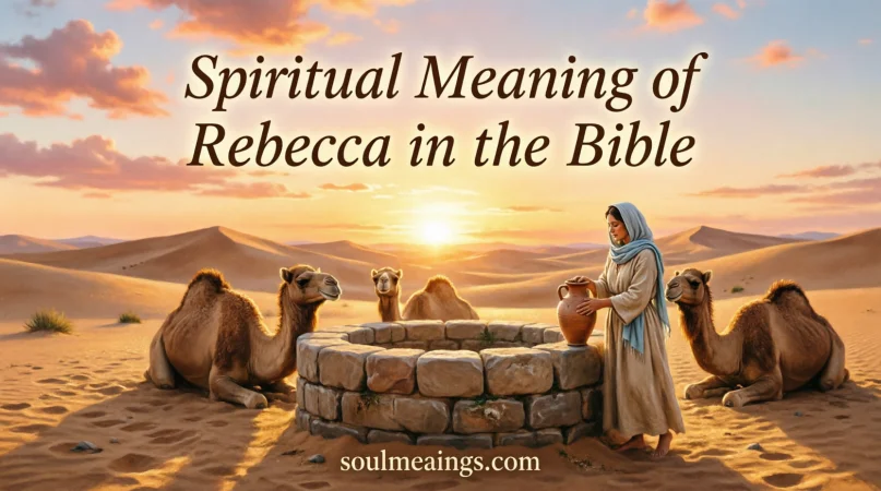 Rebecca from the Bible standing beside a well with camels in the background.