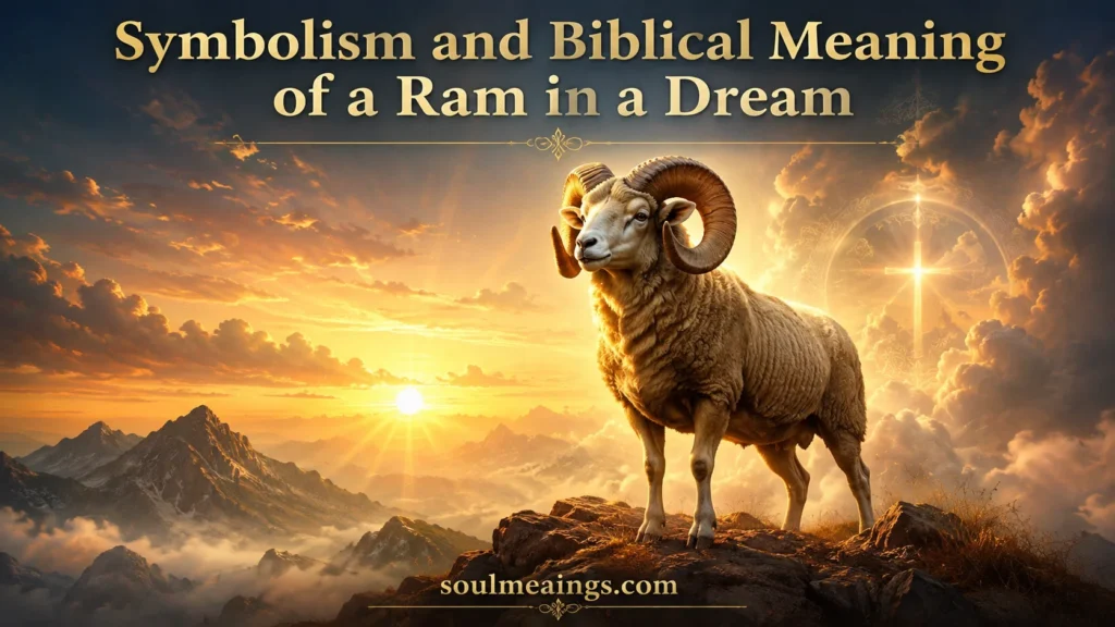 A ram with curved horns standing on a mountain during sunrise.